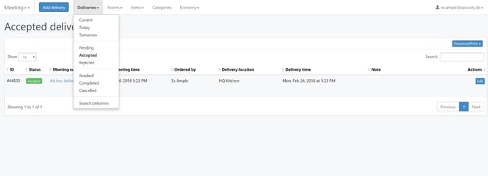 Accepted Deliveries page in Meeting Services Management Portal
