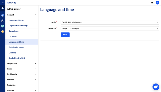 A screenshot showing the language and time section in the Admin Center. The "Account" menu is unfolded and the "Language and time" section is highlighted.