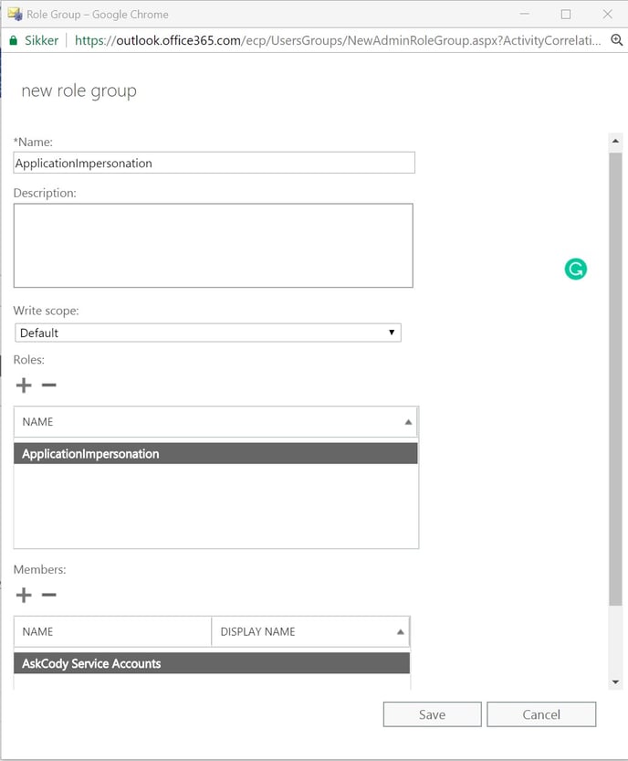 Application Impersonation Role Group in Exchange Admin Center