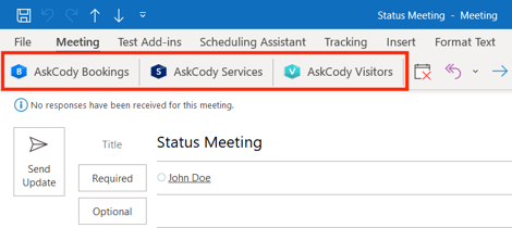 A screenshot of an Outlook Calendar event, displaying and highlighting the AskCody Add-ins