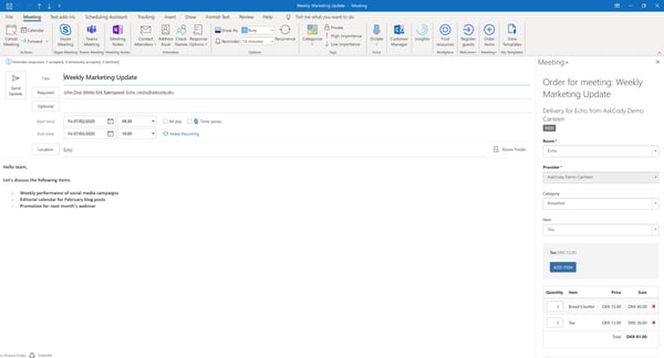 AskCody Meeting services Add-in in Outlook
