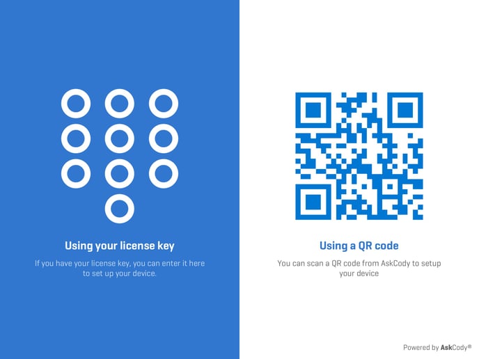 AskCody Signage App license selection screen