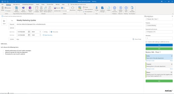 AskCody Workplace Add-in in Outlook