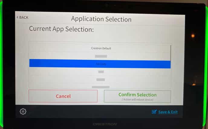 AskCody application selection on Crestron display