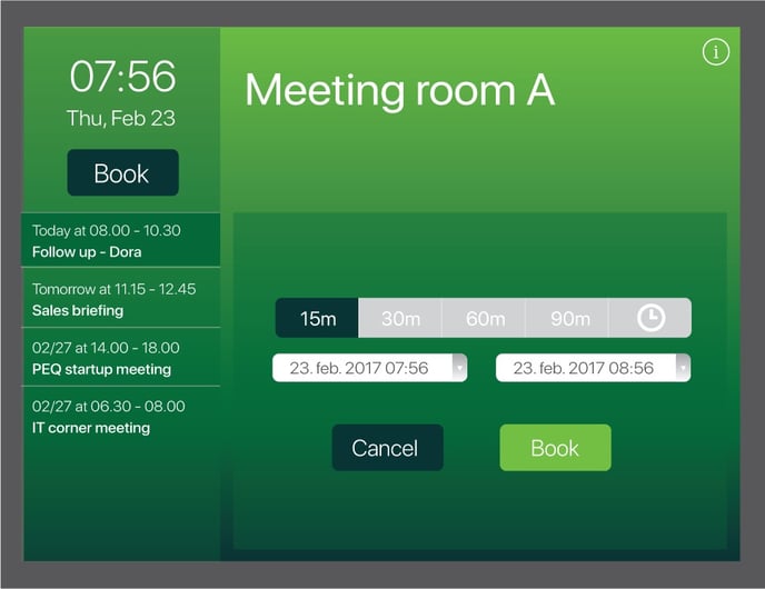 AskCody room displays date picker for ad-hoc booking