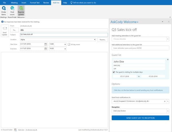 AskCody visitor management Add-in in Outlook 2013
