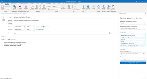 AskCody visitor management Add-in in Outlook