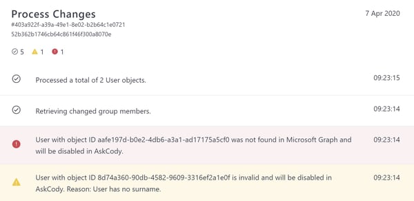 Azure AD Sync log with failures and warnings