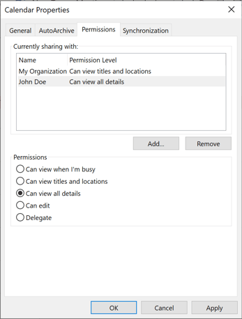 Calendar Sharing Permissions within Microsoft Outlook for a user, which currently has "Can view all details" selected