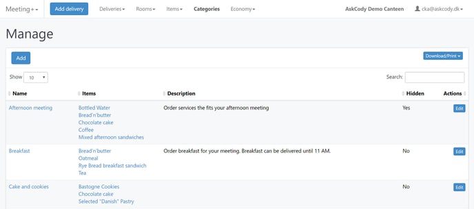 Categories list in Meeting Services Management Portal