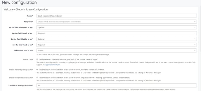 Check-in screen configuration in the AskCody Management Portal