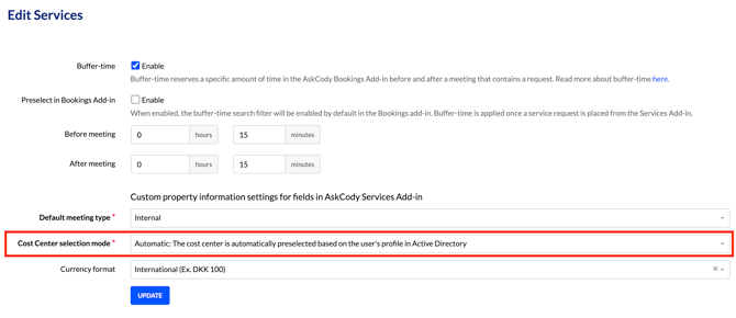 An image showing the cost center selection mode setting set to Automatic