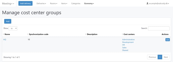 Cost Center groups management in AskCody Meeting Services portal