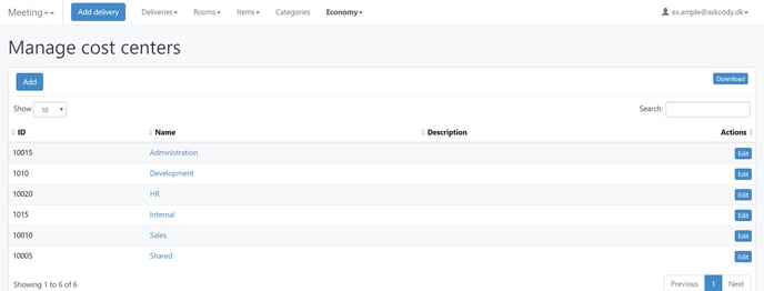 Cost center management in Meeting Services Management Portal