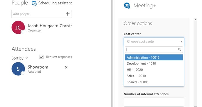 Cost center selection in AskCody Meeting services add-in for Outlook