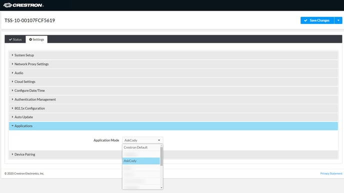 Crestron configuration page