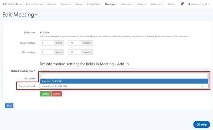 Currency format settings in Meeting services management portal