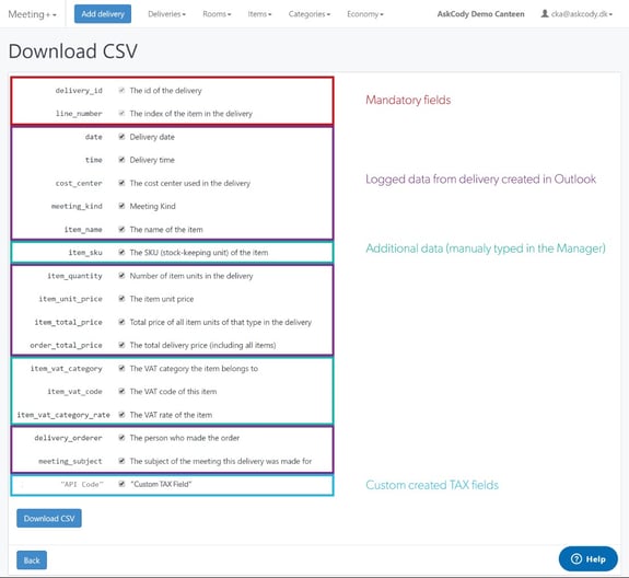 Customization options for the CSV settlement download in the Meeting Services Portal