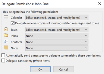 Delegate permissions across Tasks, Inbox, Contacts and Notes within Microsoft Outlook