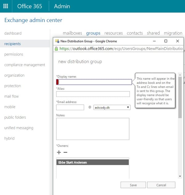 Display Name of a Distribution group in Exchange Admin Center