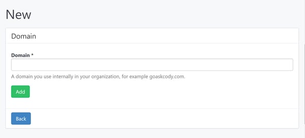 Domain creation page in the AskCody Management Portal