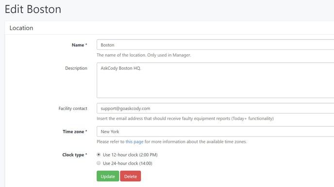 Edit location screen in the AskCody Management Portal