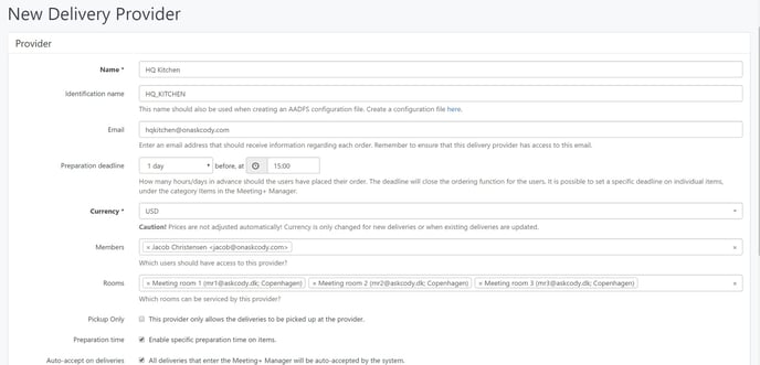 Edit screen for New Delivery Provider