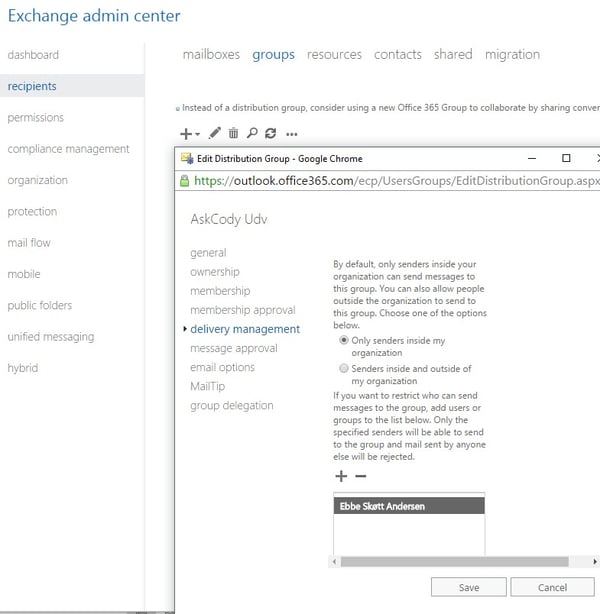 Edit screen of Distribution Group in Exchange Admin Center