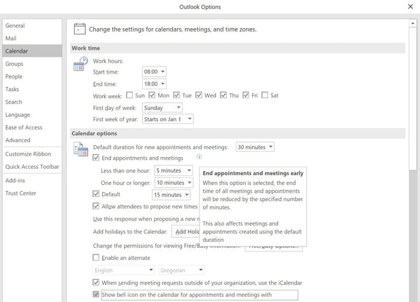 Settings to end appointments early in Outlook