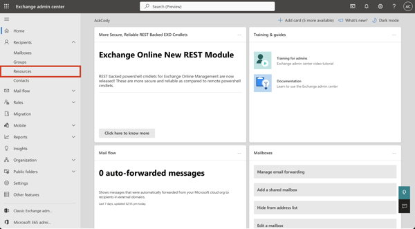 'Resources' highlighted in the left panel of Microsoft Exchange Admin Center