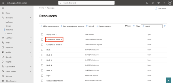 Meeting room name highlighted within resources section of the Microsoft Exchange Admin Center