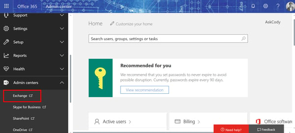 Exchange Admin Center link in Office 365 Admin Center