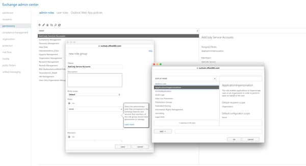 A screenshot of the Application Impersonation Role selected under the Roles within Microsoft Exchange