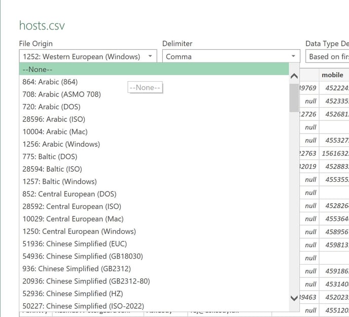 File Origin options in Microsoft Excel