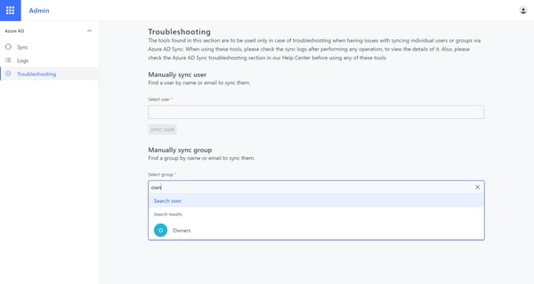 Group drop-down in the Azure AD Sync Troubleshooting section