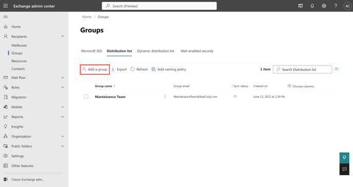 A screenshot of the groups page within the Exchange Admin Center highlighting the button to Add a group