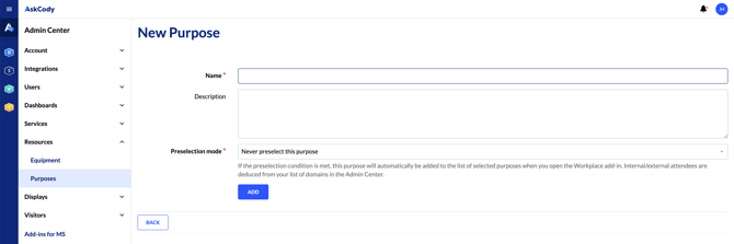 Adding new purpose in the AskCody Admin Center