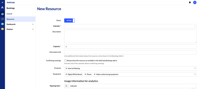 Adding purposes and equipment to a resource in the AskCody Management Portal