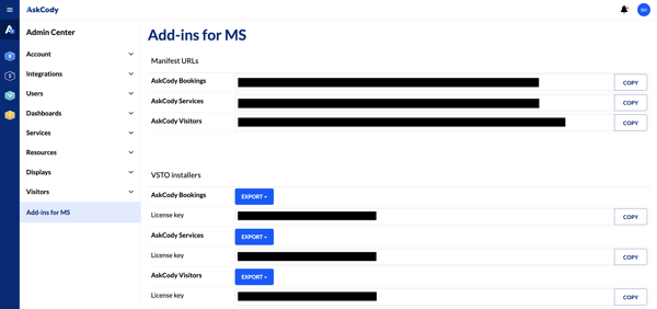 A screenshot showing the "Add-ins for MS" section of the Admin Center in the Management Portal