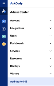 A screenshot highlighting the "Add-ins for MS" section of the Admin Center in the Management Portal
