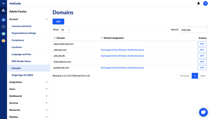 A screenshot showing the Domains section in the Admin Center. The "Account" menu is unfolded and the "Domains" section is highlighted.