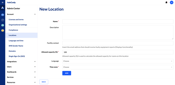 A screenshot showing the page to create a new Location within the Management Portal. The "Account" drop-down is unfolded, with the "Locations" section highlighted (bold)