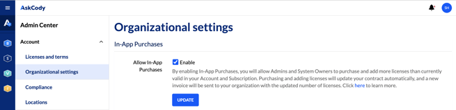 Admin - Organizational settings -  enabling in-app purchases