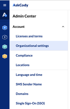 A screenshot highlighting the "Organizational Settings" option in the "Account" drop-down menu within the Admin Center in the Management Portal
