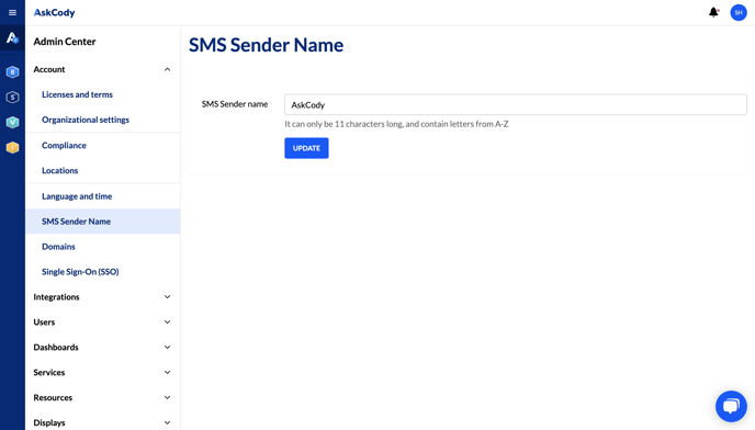 A screenshot showing the SMS Sender Name section in the Admin Center. The "Account" menu is unfolded and the "SMS Sender Name" section is highlighted.