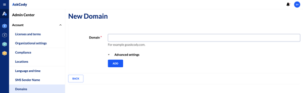A screenshot showing how to add a new domain in the AskCody Admin Center