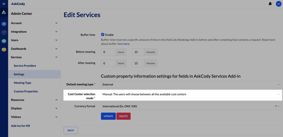 A screenshot highlighting the "Cost center selection mode" with a red box inside the Services settings within the Admin Center in the Management Portal