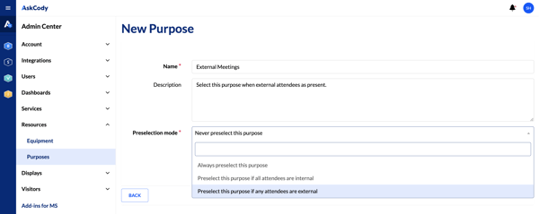 A screenshot showing the different options available in the Purpose preselection modes when editing a Purpose in the Management Portal
