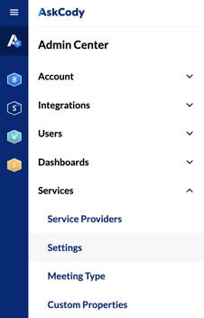 A screenshot highlighting the "Settings" option in the Services drop-down menu on the Admin Center within the Management Portal