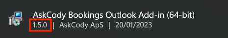 A screenshot of the AskCody Bookings Add-in for Outlook, highlighting the version number